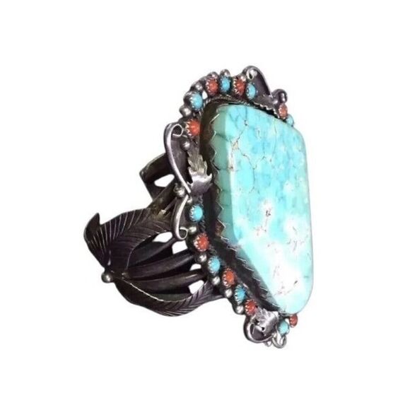 Antique Cuff Bracelet Green Turquoise Coral Sterling Silver Navajo Native Signed - Picture 11 of 14